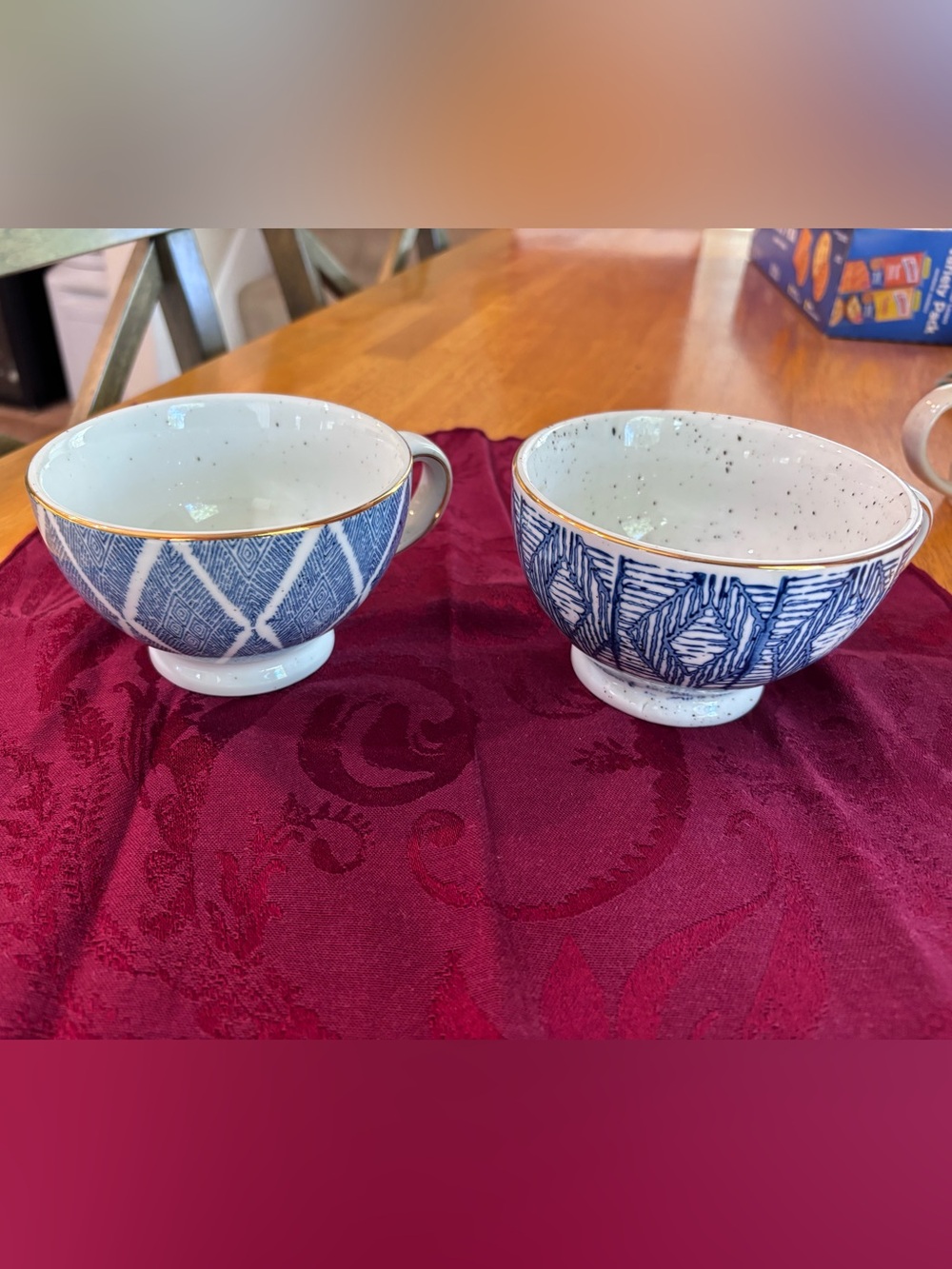 World Market Blue Patterned Gold Trim Ceramic Mugs (Set of 2)